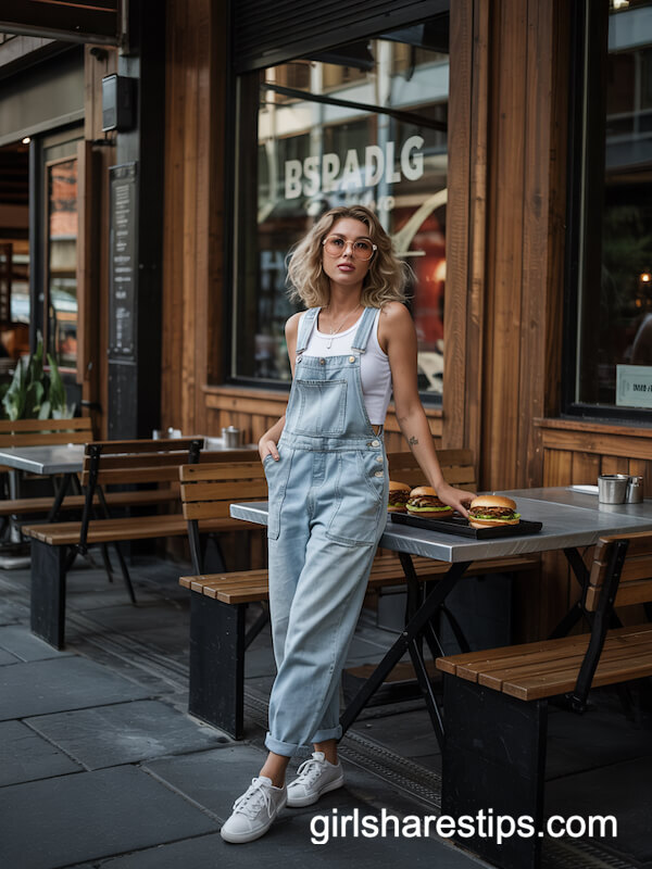 Denim Overalls and Fitted Tank Top
