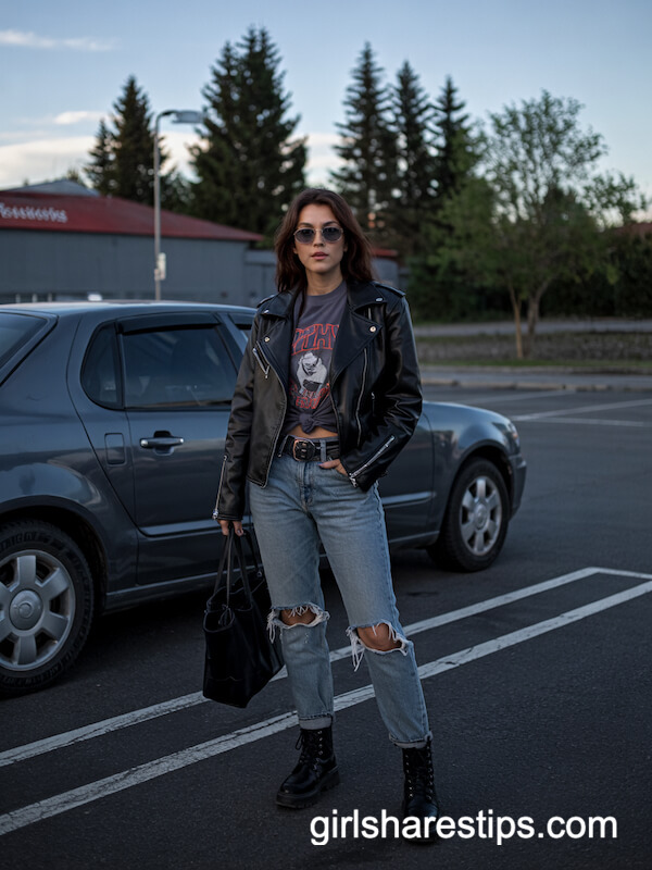 Biker Jacket, Graphic Tee, and Ripped Jeans
