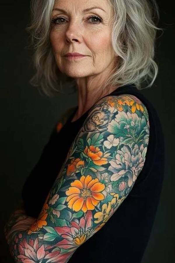 Colorful Botanical Sleeve Tattoo