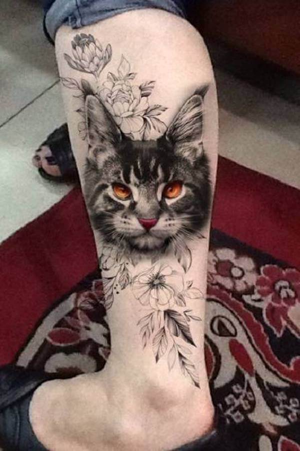 Realistic Cat and Floral Tattoo