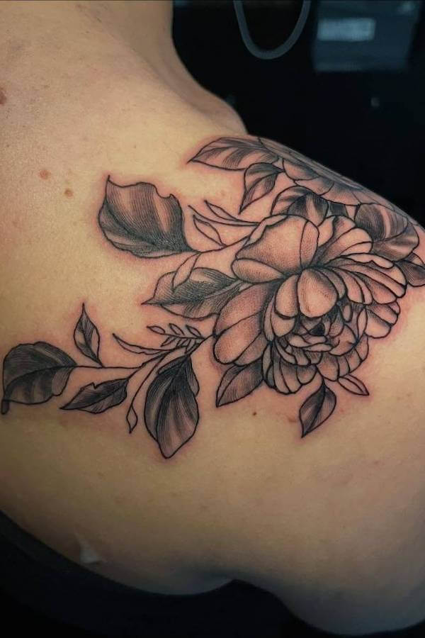Black and Gray Peony Shoulder Tattoo