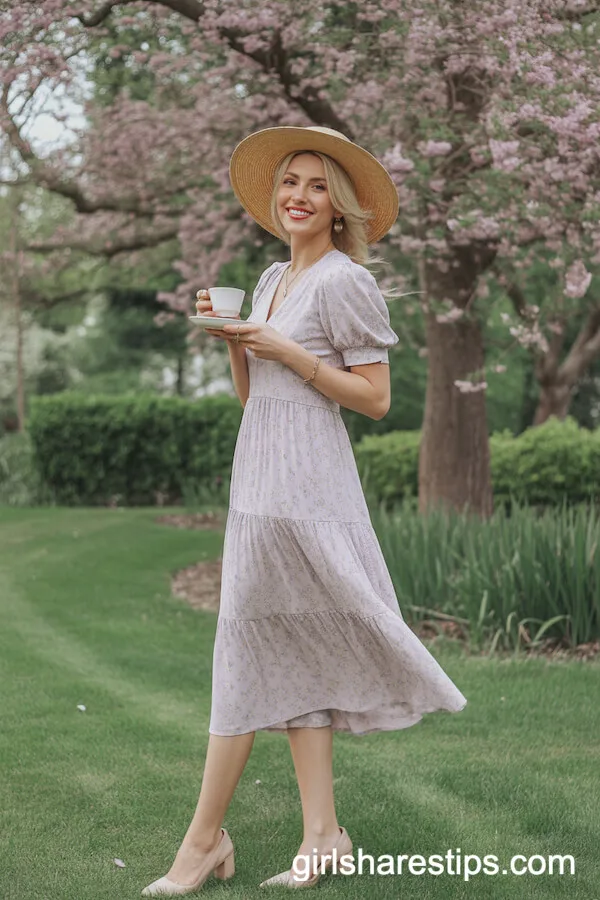 Pastel Floral Midi Dress with Straw Hat and Nude Heels