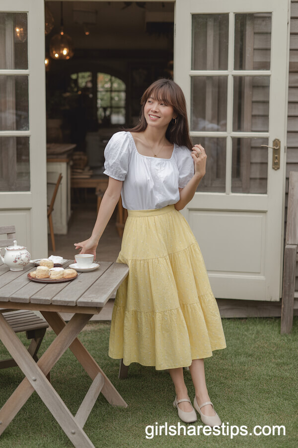 Yellow Tiered Midi Skirt and Puff Sleeve Blouse Cottagecore Look