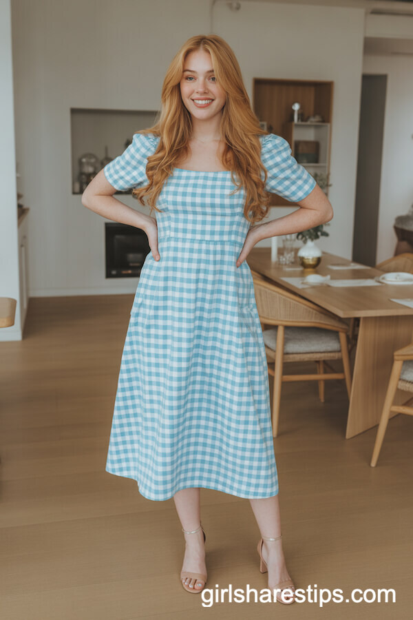 Light Blue Gingham Midi Dress with Puff Sleeves