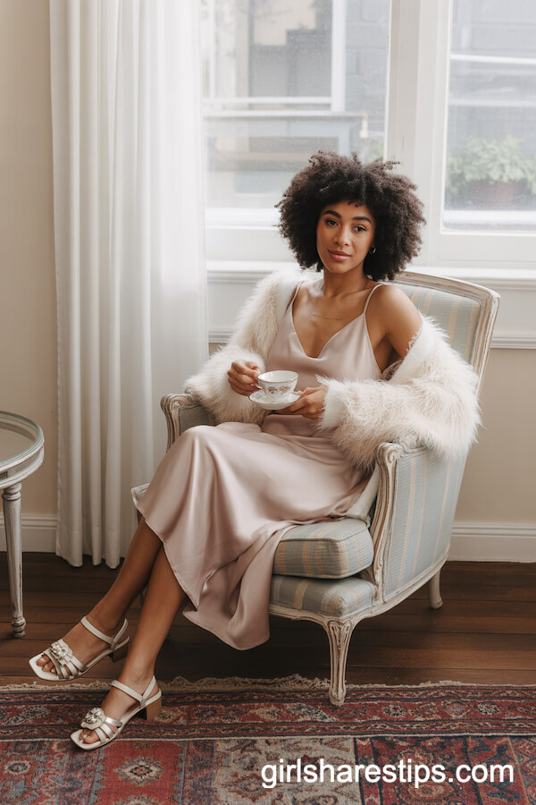 Pastel Satin Slip Dress with Fuzzy Cardigan