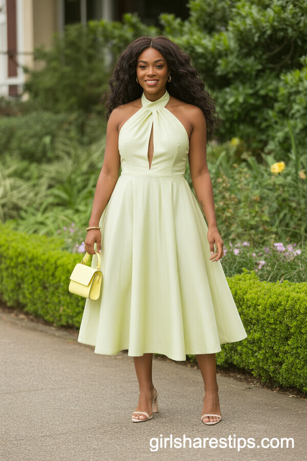 Pastel Yellow Halter Midi Dress with Flared Skirt
