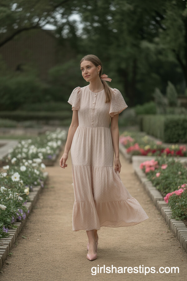 Blush Ruffled Maxi Dress Ribbon Ponytail