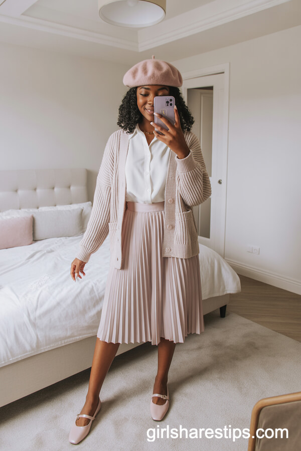 Pleated Pastel Skirt and Cardigan Set with Beret
