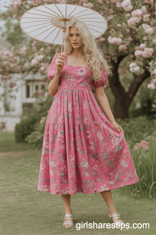 Vivid Pink Floral Midi Dress with Square Neckline