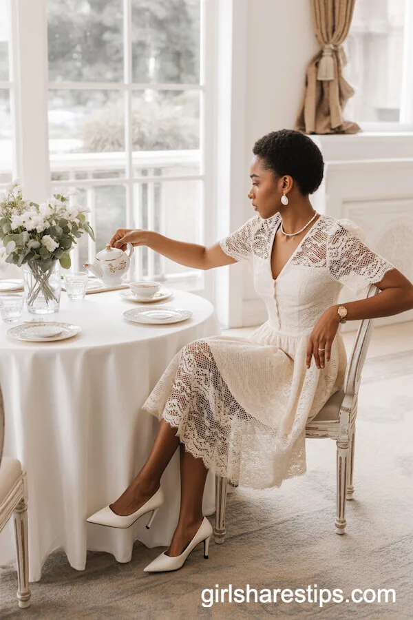 Elegant White Lace Midi Dress with Pearl Accessories