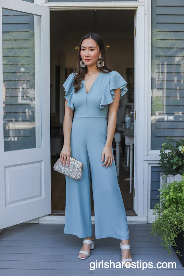 Powder Blue Ruffle Jumpsuit with Statement Earrings