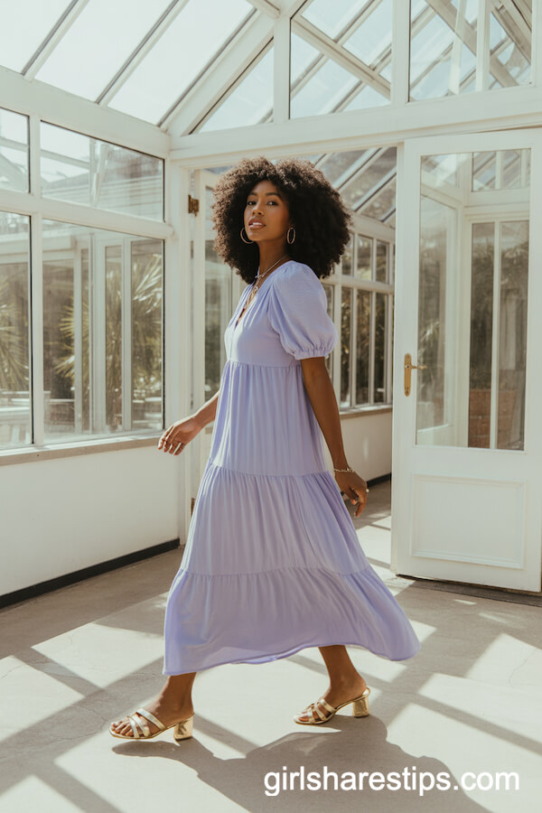 Lavender Tiered Maxi Dress and Gold Sandals Ensemble