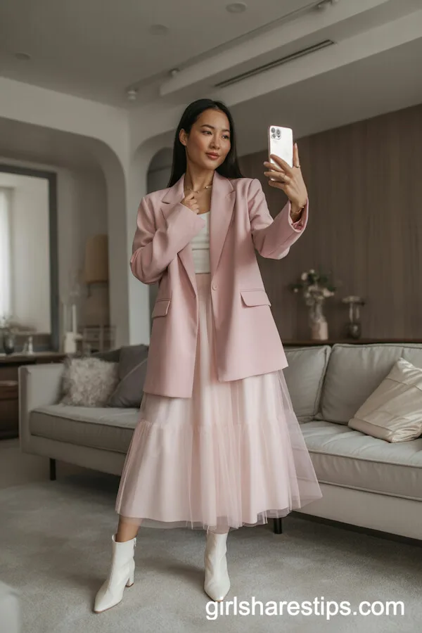 Pastel Pink Blazer with Tulle Skirt and White Ankle Boots