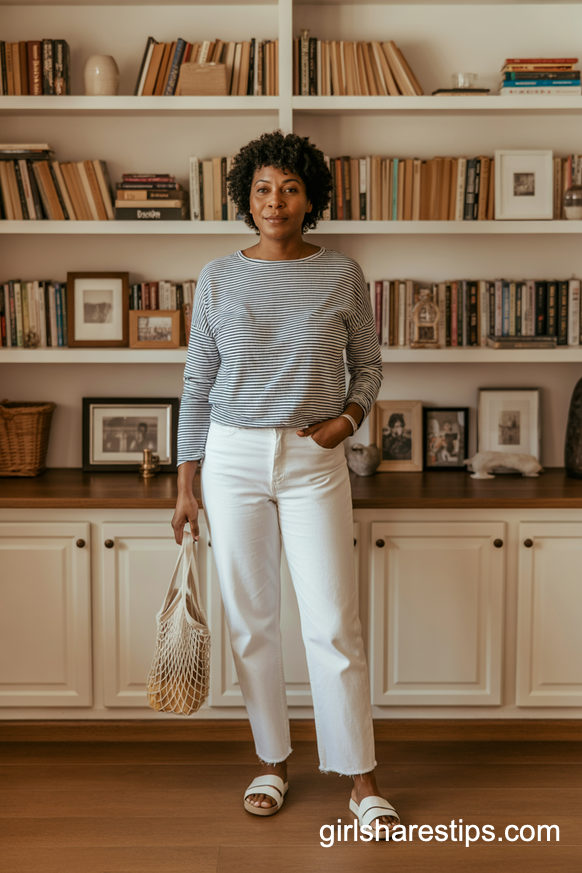 Striped Navy Top With White Jeans for Casual Classroom Days