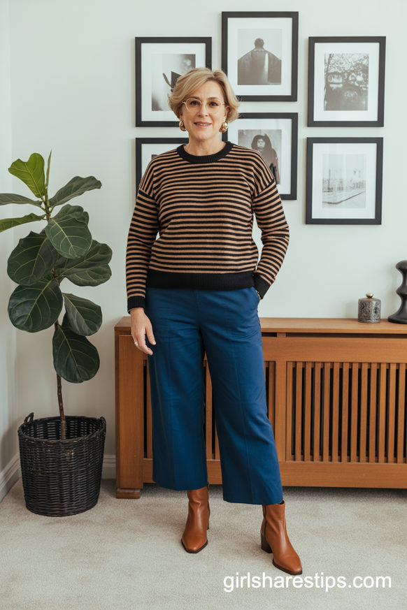 Striped Sweater and Navy Wide-Leg Pants for Everyday Classroom Comfort