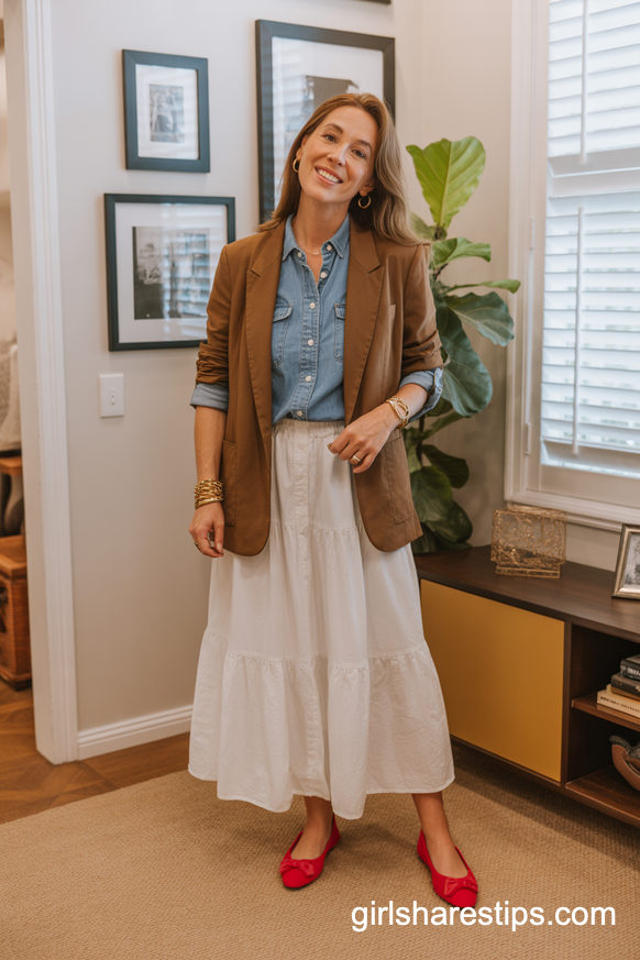 Brown Blazer and White Maxi Skirt for Soft Feminine Teacher Style