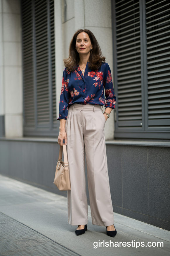 Floral Navy Blouse and Beige Wide-Leg Trousers for Staff Meeting Days