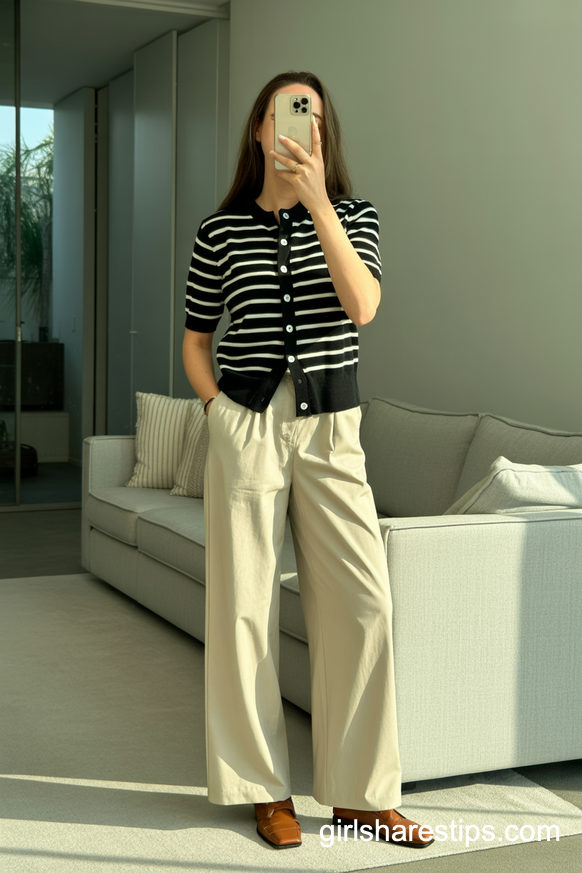 Black and White Cardigan With Cream Wide-Leg Pants for Neutral Lovers