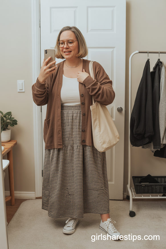 Brown Cardigan and Gingham Maxi Skirt for Cozy Classroom Vibes