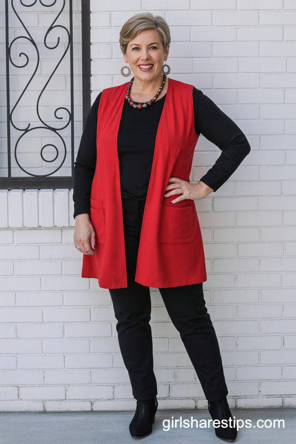 Red Sleeveless Cardigan Vest and Black Pants for Bold Teacher Energy