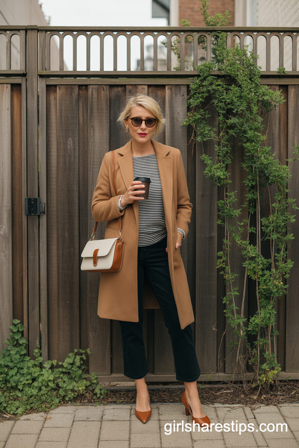 Camel Coat and Cropped Black Pants for Breezy Hallway Duty