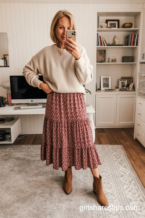 Cream Chunky Sweater and Floral Midi Skirt for Cozy Fall Teaching