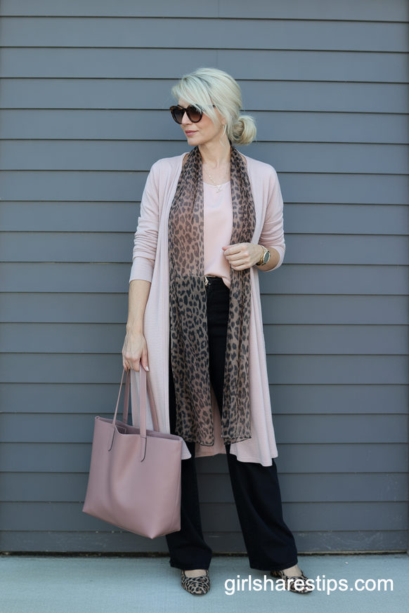 Blush Cardigan and Leopard Accents for Subtle Statement Style at School