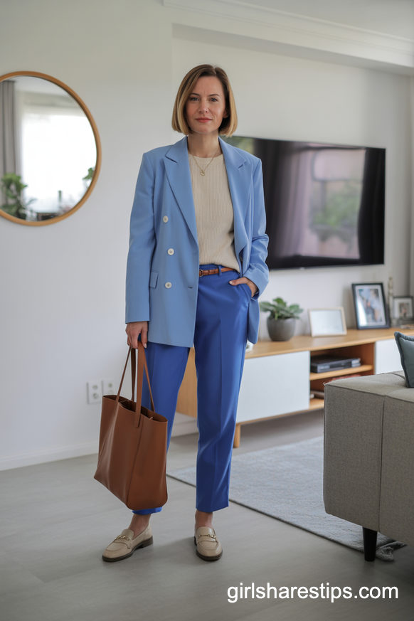 Blue Suiting With Knit Sweater for Professional Teacher Meetings