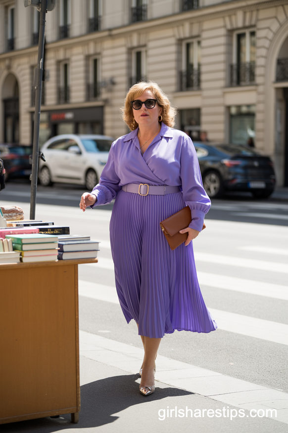 Pleated Purple Midi Dress With Belt for Parent Night or Assemblies