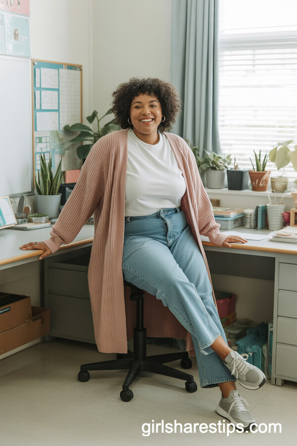 Long Cardigan with White Tee and Relaxed Jeans Plus Gray Sneakers