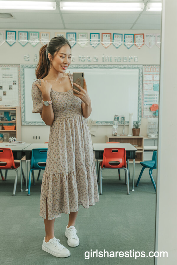 Floral Midi Dress with White Sneakers