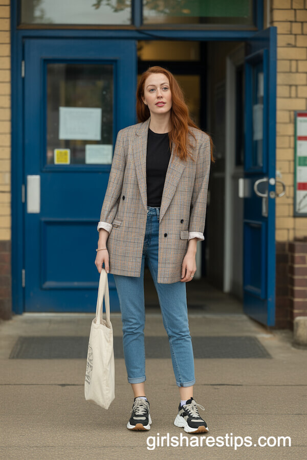 Plaid Blazer with Black Tee and Blue Jeans Plus Chunky Sneakers