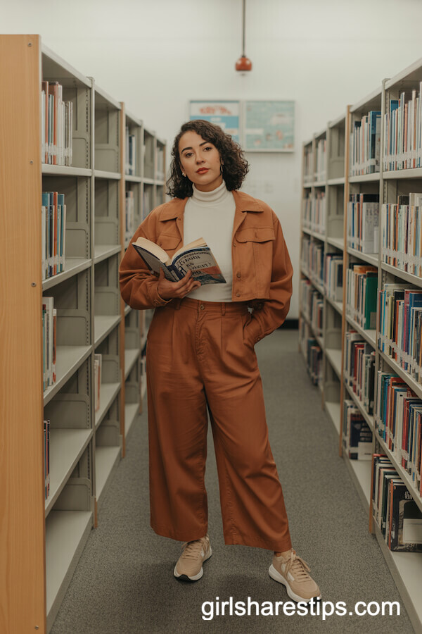 Wide-Leg Pants with Ivory Turtleneck and Beige Sneakers