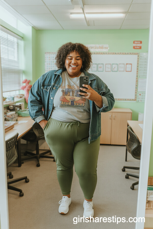 Olive Green Joggers with Graphic Tee and Denim Jacket Plus White Sneakers