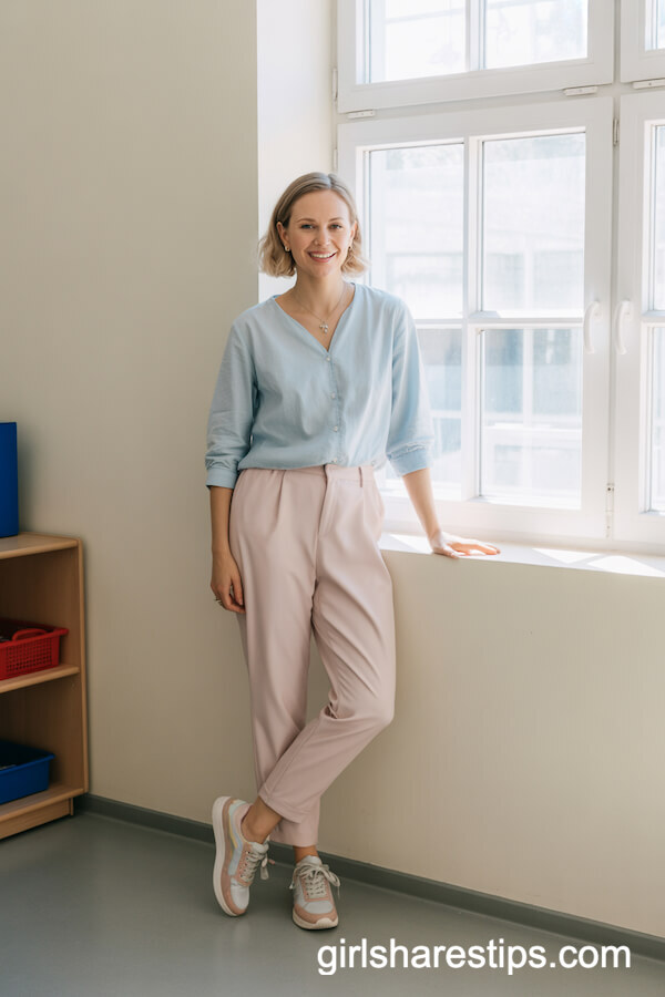 Baby Blue Blouse with Pink Pants and Pastel Sneakers