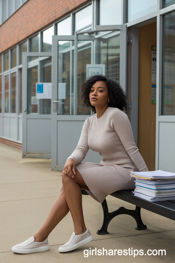 Beige Sweater Dress with Slip-On White Sneakers