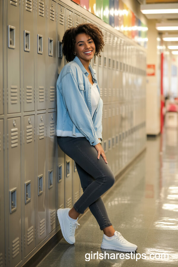 Light Blue Denim Jacket Over White Blouse with Dark Jeans and White Sneakers