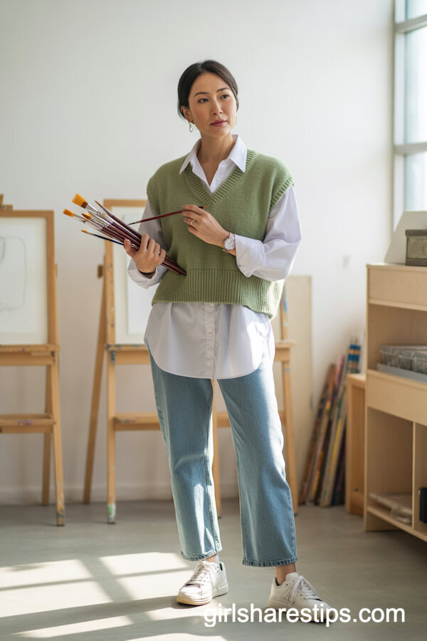 White Button-Up Shirt with Sage Green Sweater Vest and Designer Sneakers