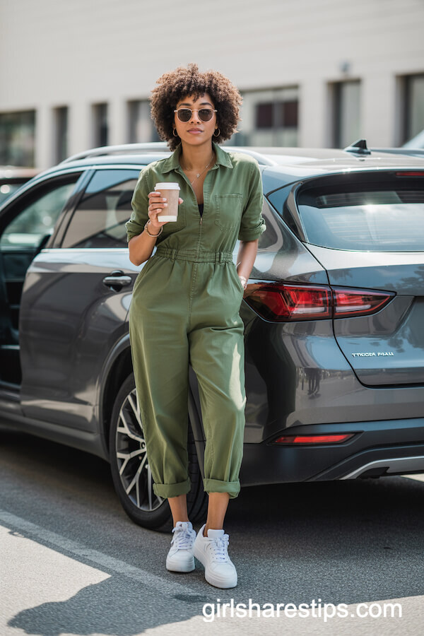 Olive Green Utility Jumpsuit with White Platform Sneakers