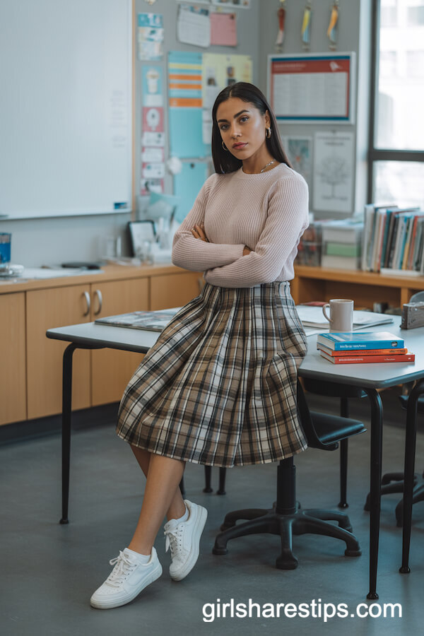 Plaid Pleated Skirt with Pastel Sweater and Classic White Sneakers