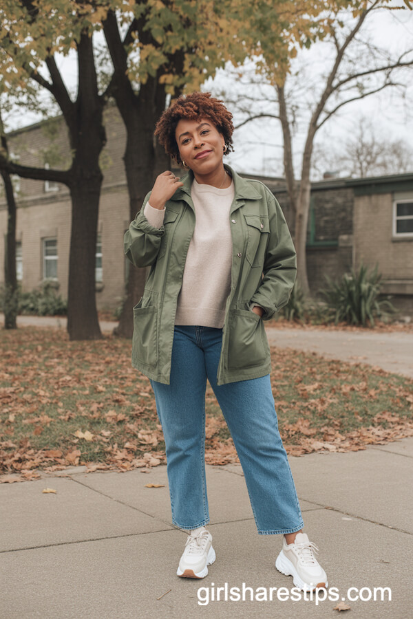 Olive Green Utility Jacket with Beige Sweater and Blue Jeans Plus Chunky Sneakers