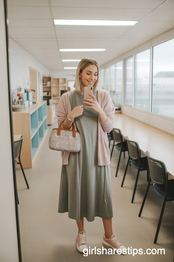 Gray Midi Dress with Pastel Cardigan and Pink Sneakers