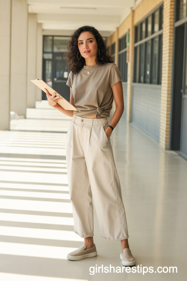 Cream Wide-Leg Pants with Khaki T-Shirt and Beige Sneakers
