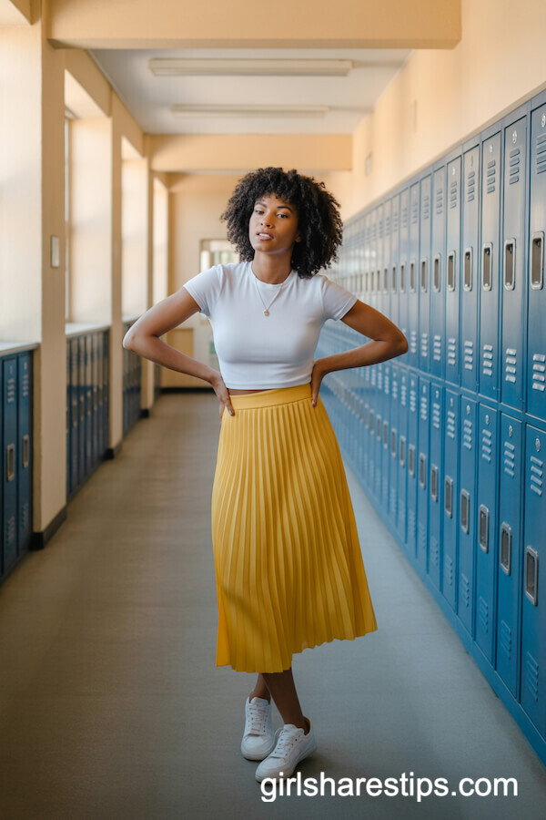 Yellow Midi Skirt with White Tee and Minimalist White Sneakers