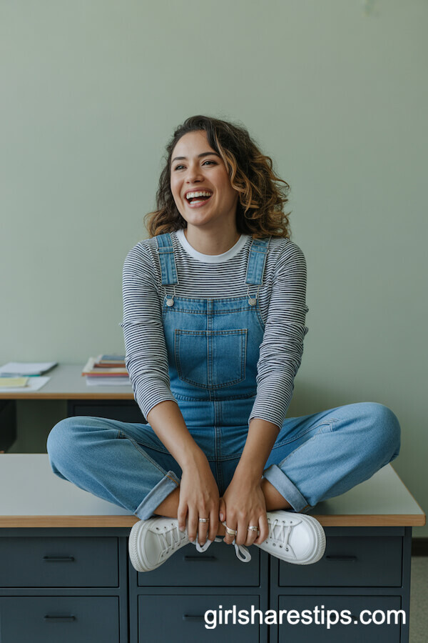 Denim Overalls with Striped Long-Sleeve Tee and White Sneakers