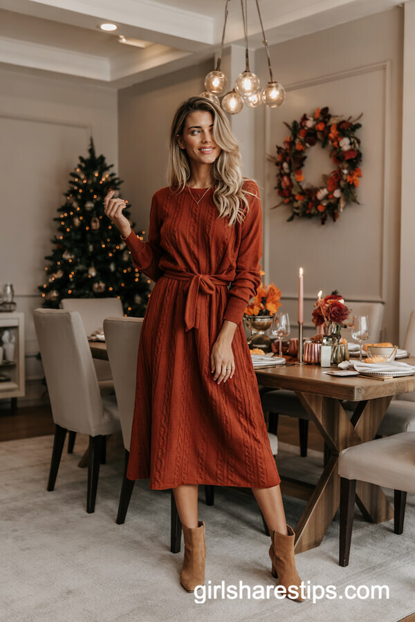 Chic Rust Knit Dress & Tan Boots