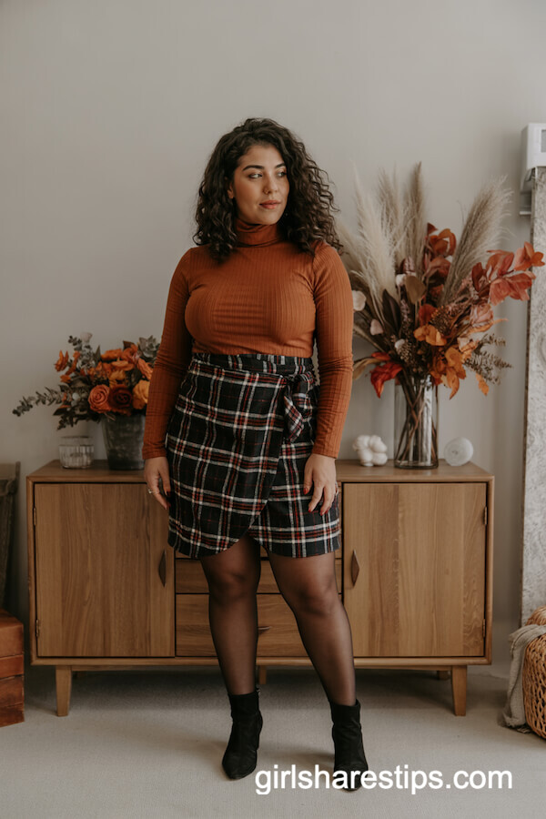 Plaid Wrap Skirt & Rust Turtleneck