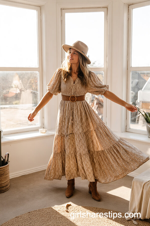 Boho Maxi Dress & Brown Booties