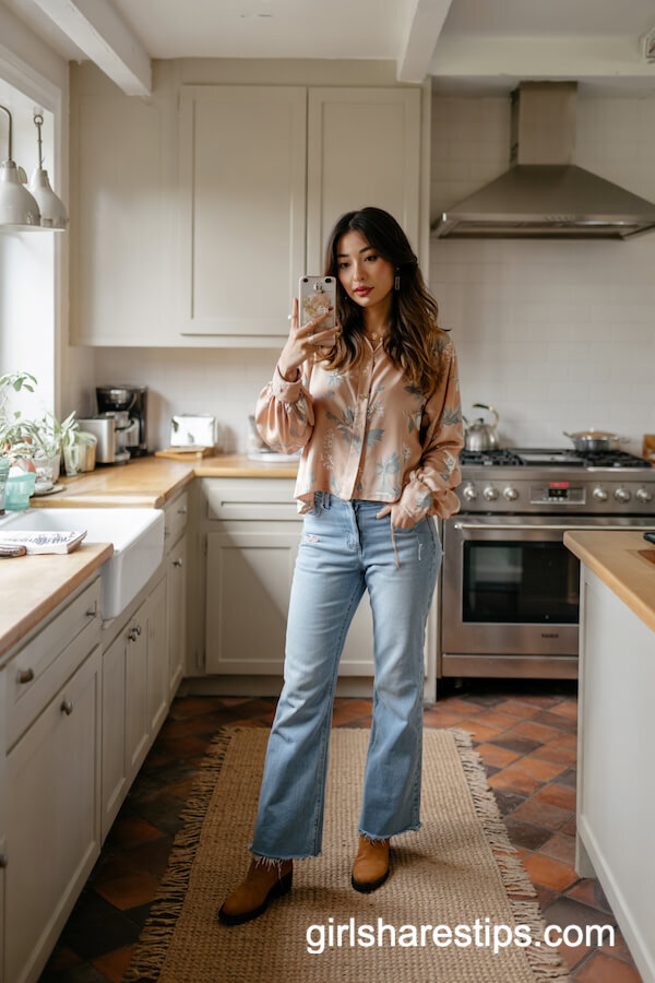 Pastel Floral Blouse & Flare Jeans