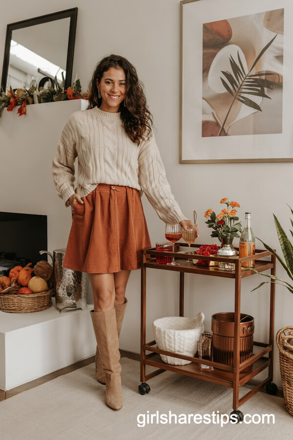 Corduroy Skirt & Cream Cable Sweater
